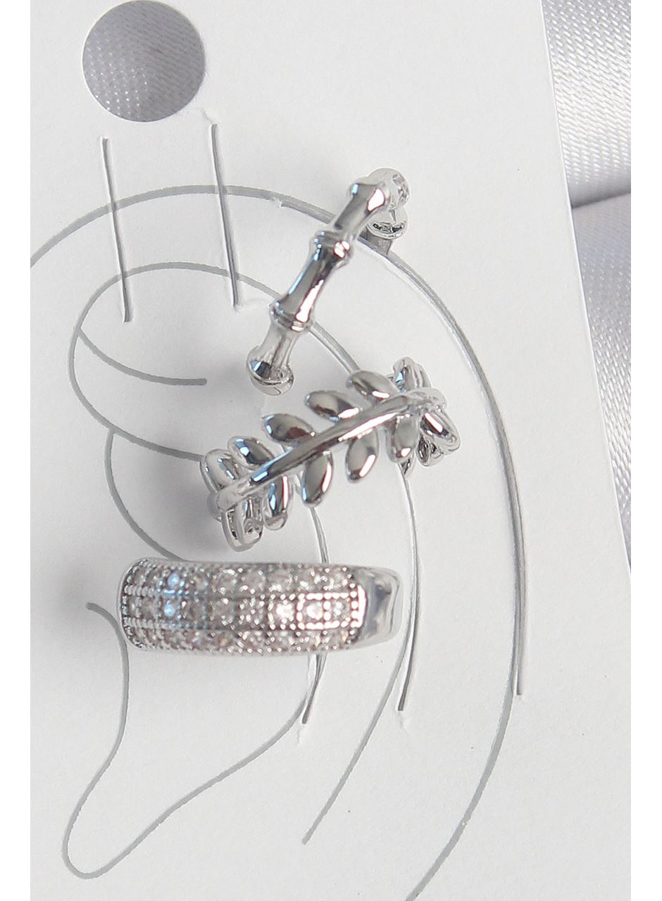 Pirinç Gümüş Renk Zirkon Taşlı 3'Lü Model Yaprak Figür Kadın Kıkırdak Küpe