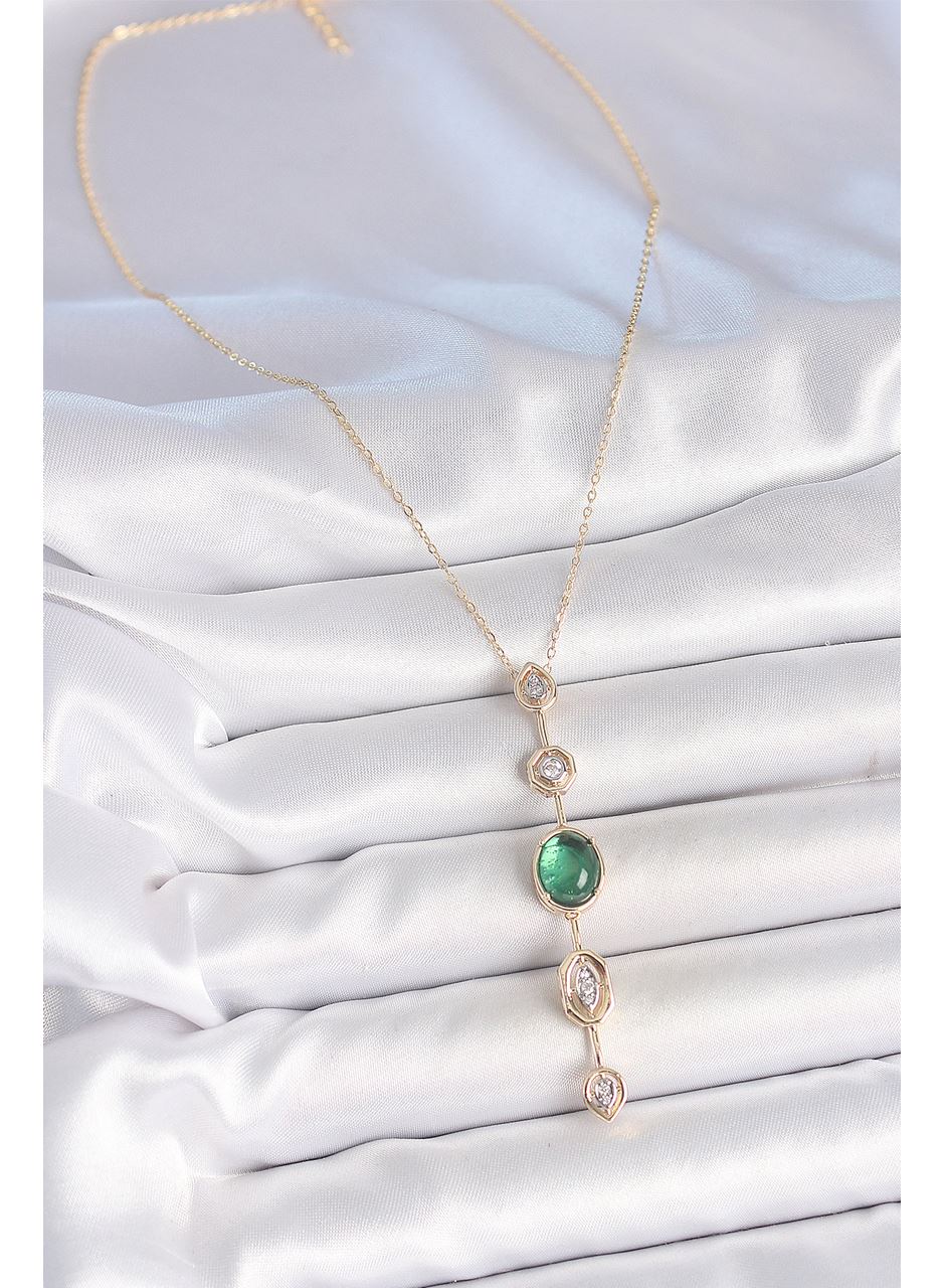 Pirinç Zincir Zümrüt Yeşil Gold Renk Zirkon Taşlı Y Kolye