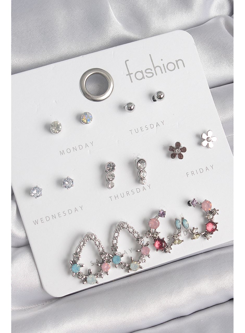 Pirinç Gümüş Renk Zirkon Taşlı Damla Model Çiçek Detay 7 Çift Kadın Küpe Seti