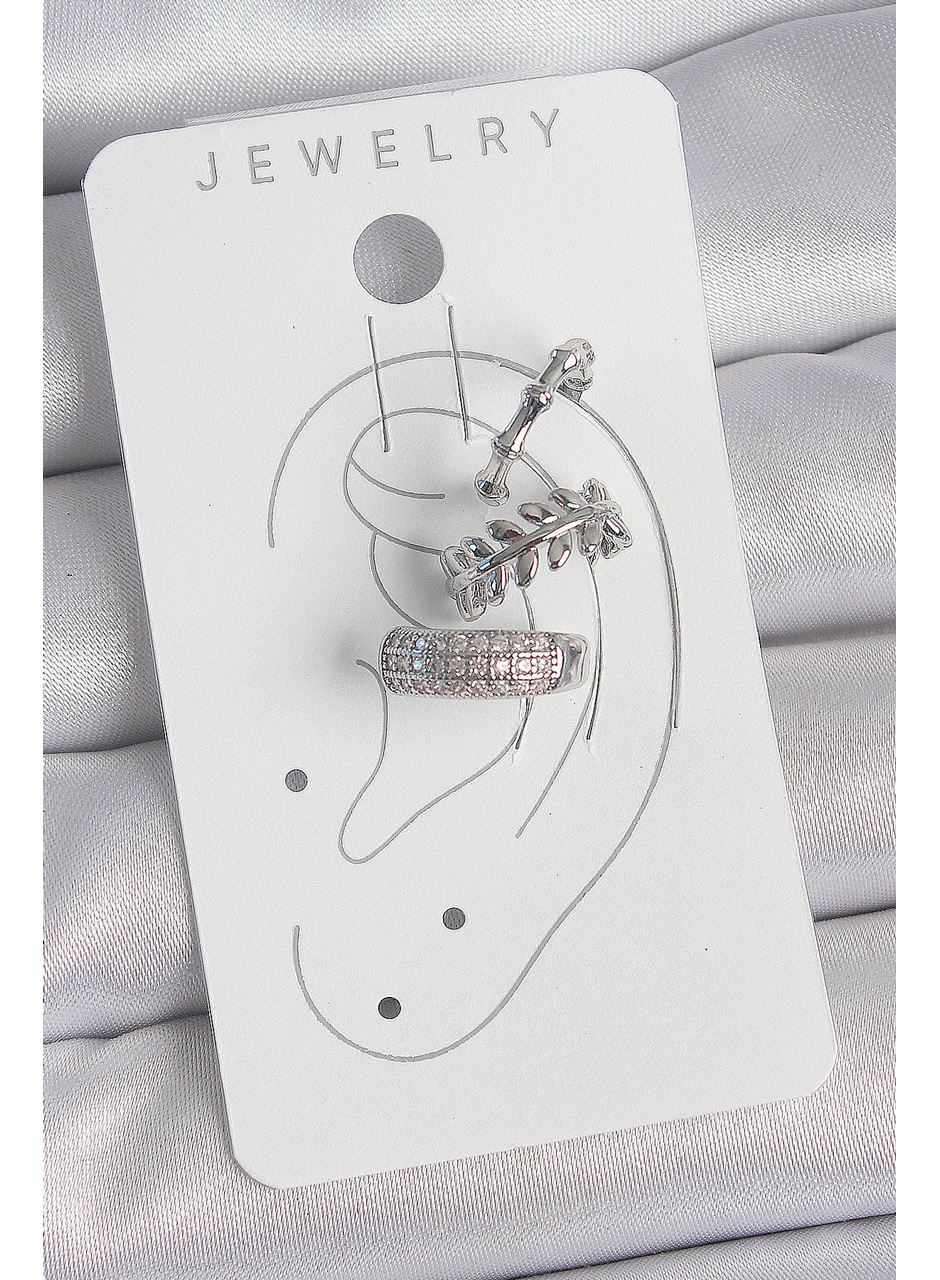 Pirinç Gümüş Renk Zirkon Taşlı 3'Lü Model Yaprak Figür Kadın Kıkırdak Küpe