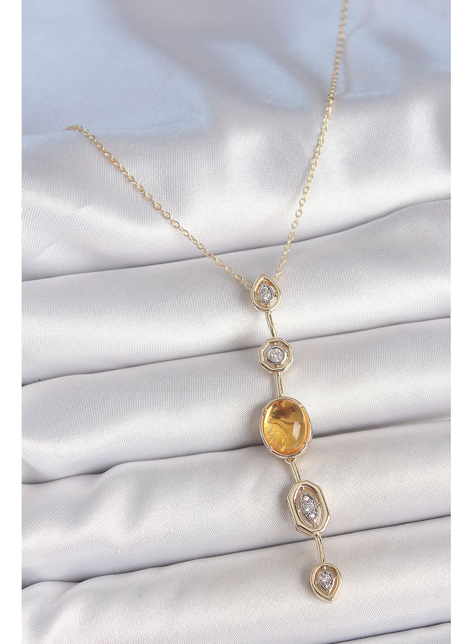 Pirinç Zincir Kehribar Sarı Gold Renk  Zirkon Taşlı Y Kolye