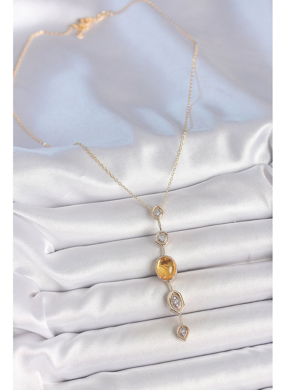 Pirinç Zincir Kehribar Sarı Gold Renk  Zirkon Taşlı Y Kolye