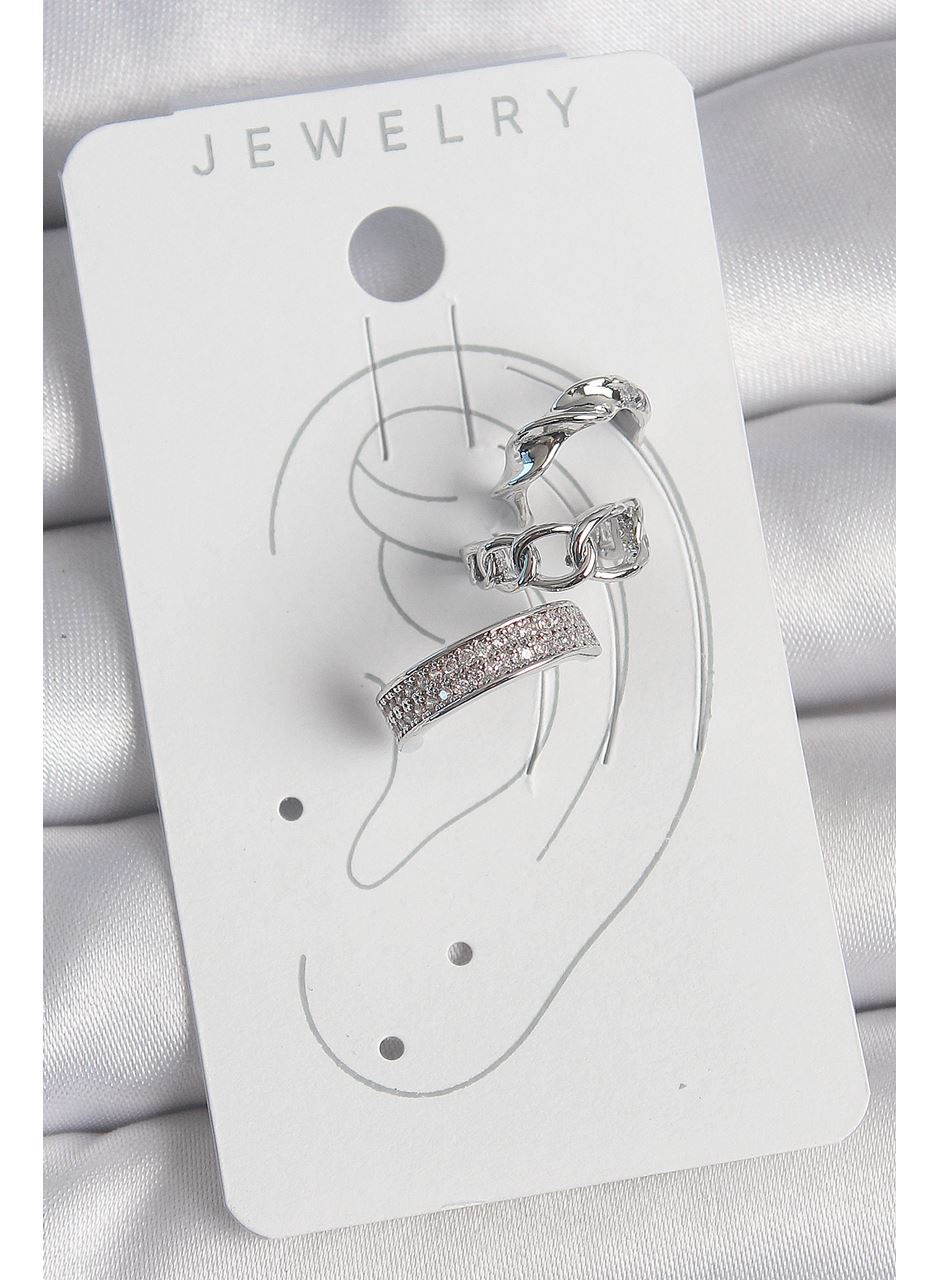 Pirinç Gümüş Renk Zirkon Taşlı 3'Lü Zincir Sarmal Model Kadın Kıkırdak Küpe