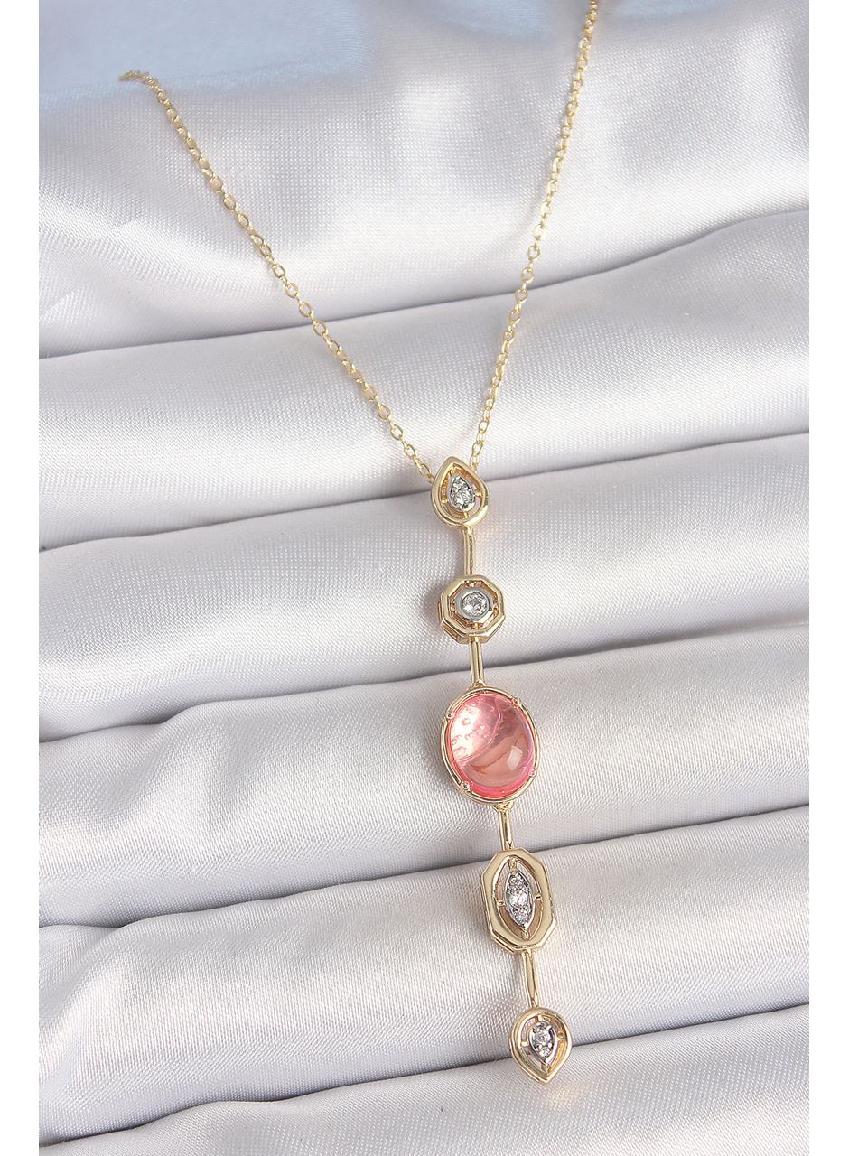 Pirinç Zincir Pembe Gold Renk Zirkon Taşlı Y Kolye