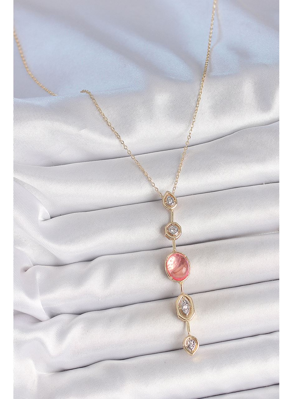 Pirinç Zincir Pembe Gold Renk Zirkon Taşlı Y Kolye