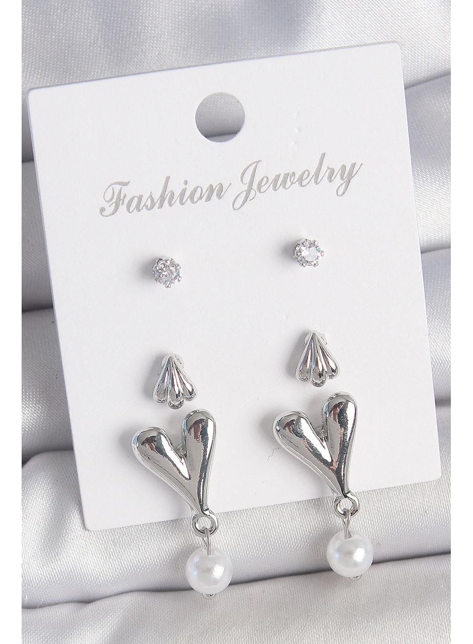 Pirinç Gümüş Renk Zirkon Taşlı Sallantılı Kalp Model 3 Çift Kadın Küpe Seti