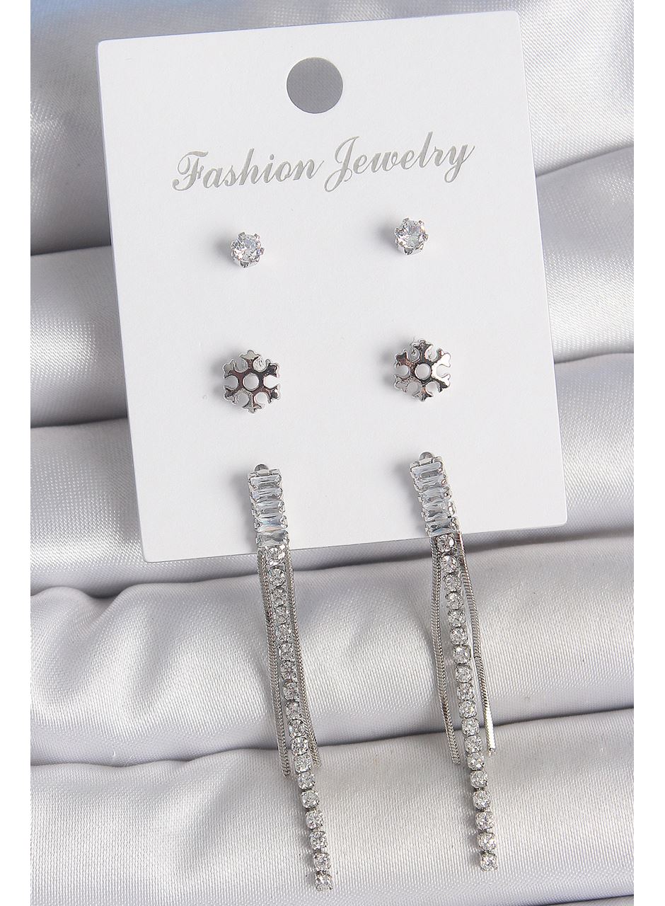 Pirinç Gold Renk Zirkon Taşlı Sallantılı Çiçek Detay 3 Çfit Kadın Küpe Seti