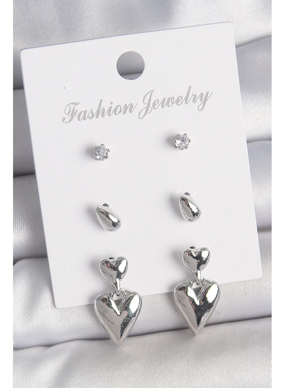 Pirinç Gümüş Renk Zirkon Taşlı Sallantılı Kalp Model 3 Çift Kadın Küpe Seti