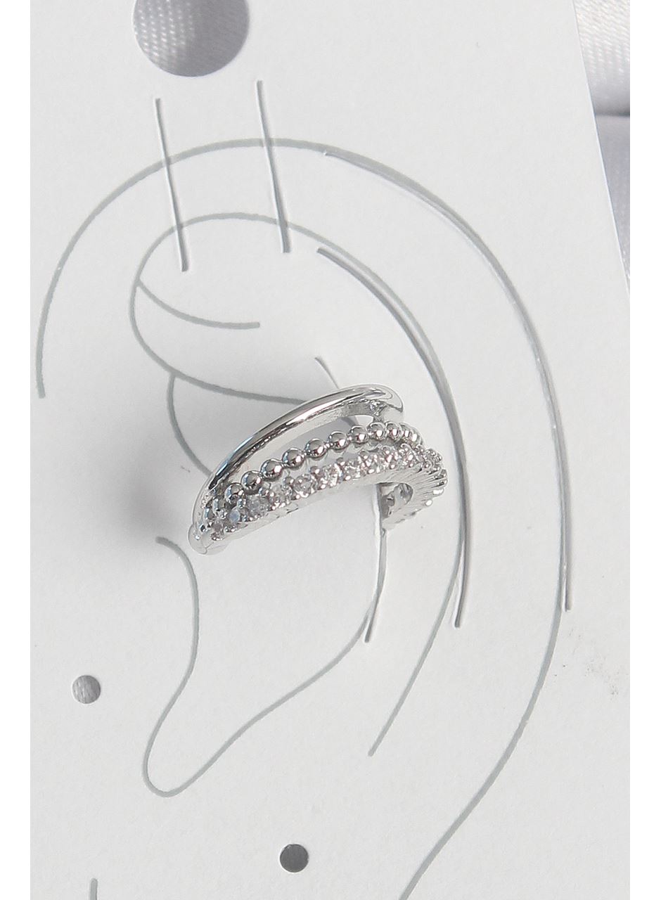 Pirinç Gümüş Renk Zirkon Taşlı 3'Lü Sıralı Kadın Kıkırdak Küpe