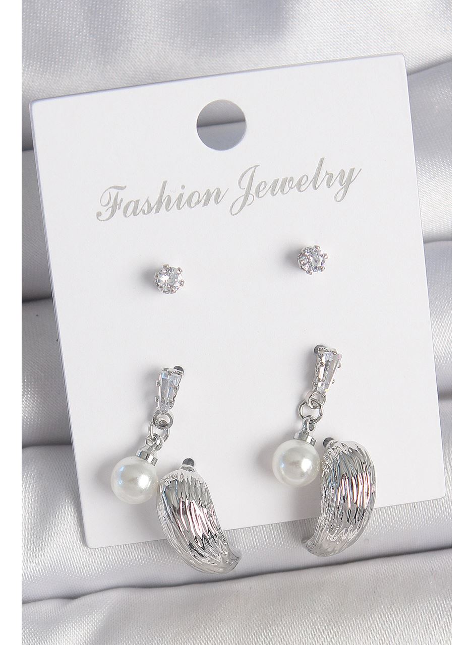 Pirinç Gümüş Renk Sallantılı Zirkon Taşlı Damla Model 3 Çift Kadın Küpe Seti