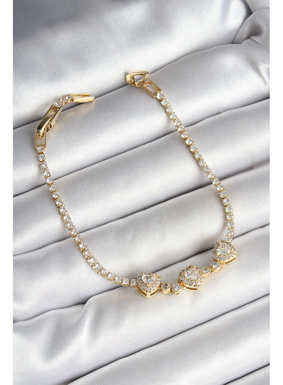 Pirinç Sıralı Kalp Figürlü Zirkon Taşlı Gold Renk Kadın Bileklik