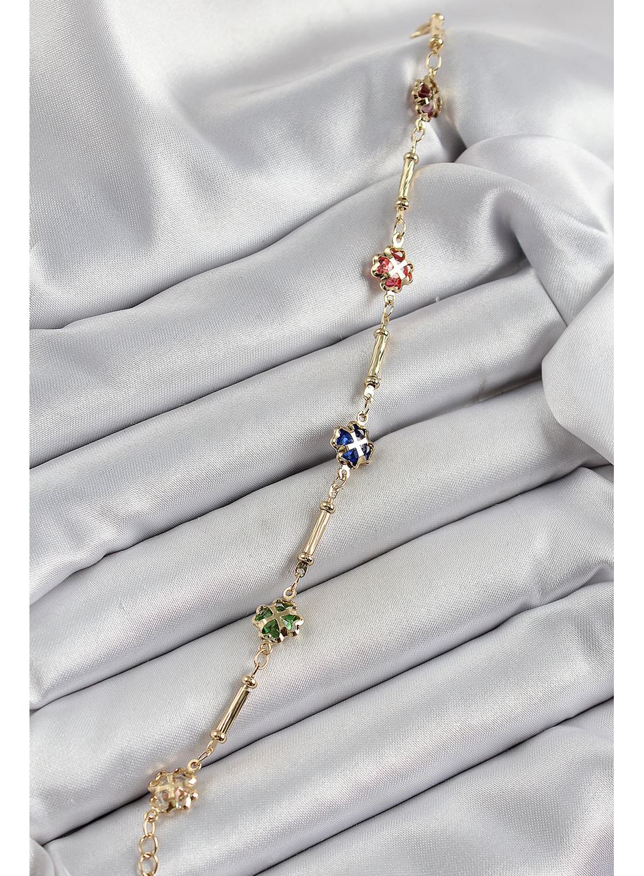 Pirinç Gold Renk Karışık Renk Yonca Zirkon Taşlı Kadın Bileklik