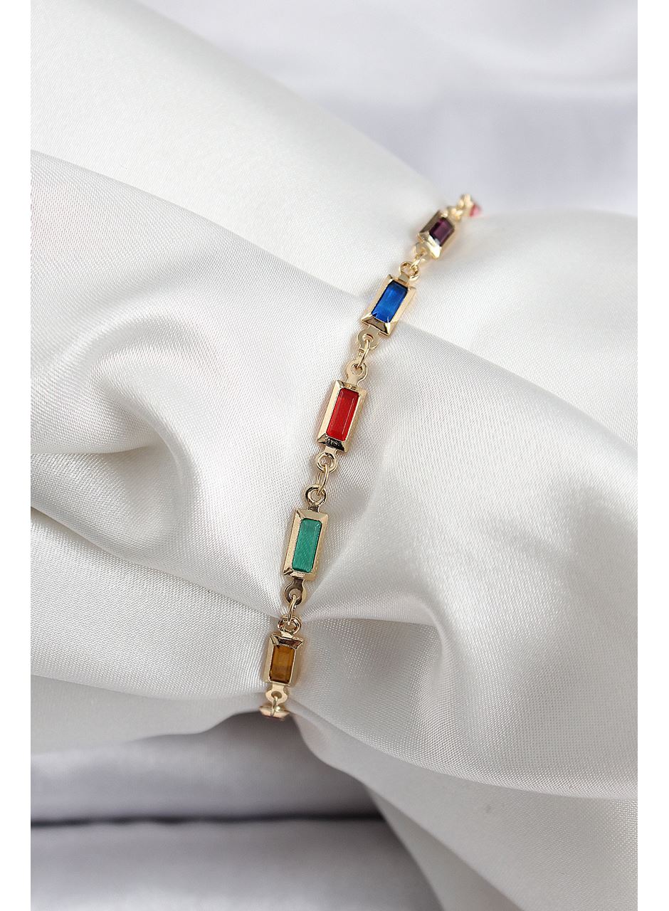 Pirinç Gold Renk Karışık Renkli Kare Zirkon Taşlı Kadın Bileklik