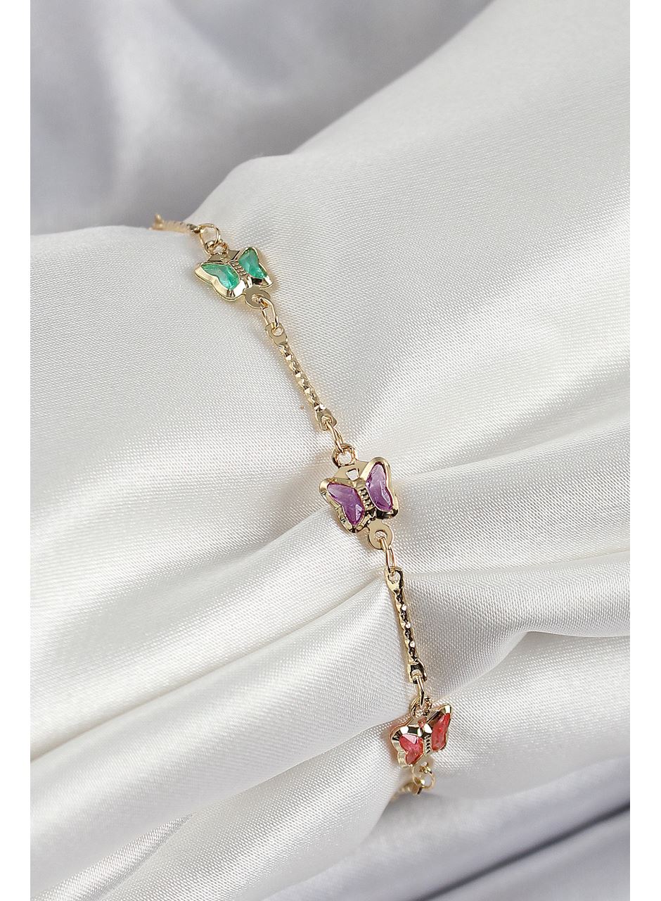 Pirinç Gold Renk Karışık Renk Kelebek Zirkon Taşlı Kadın Bileklik