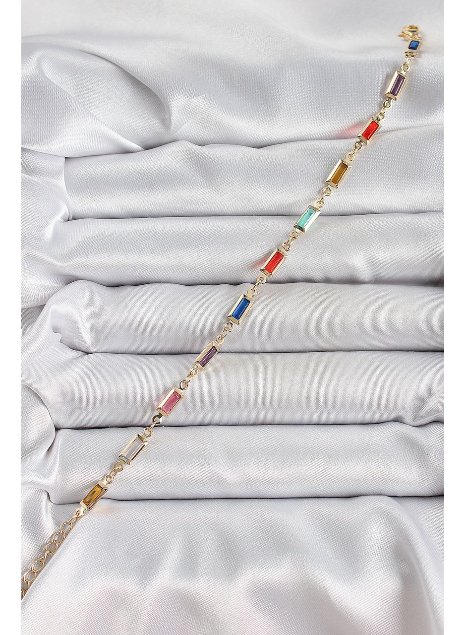 Pirinç Gold Renk Karışık Renkli Kare Zirkon Taşlı Kadın Bileklik