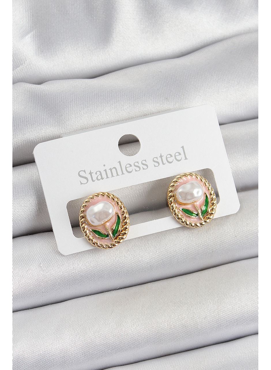 Pirinç Pembe Mineli Lale Figürlü Sanatsal Portre Model Gold Renk Kadın Küpe