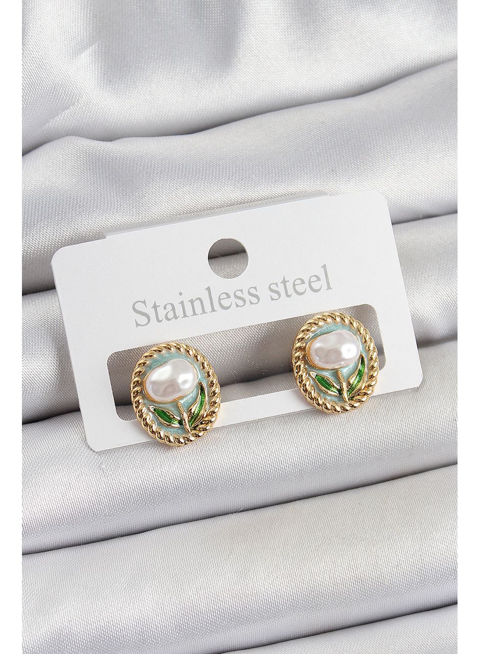 Pirinç Yeşil Mineli Lale Figürlü Sanatsal Portre Model Gold Renk Kadın Küpe