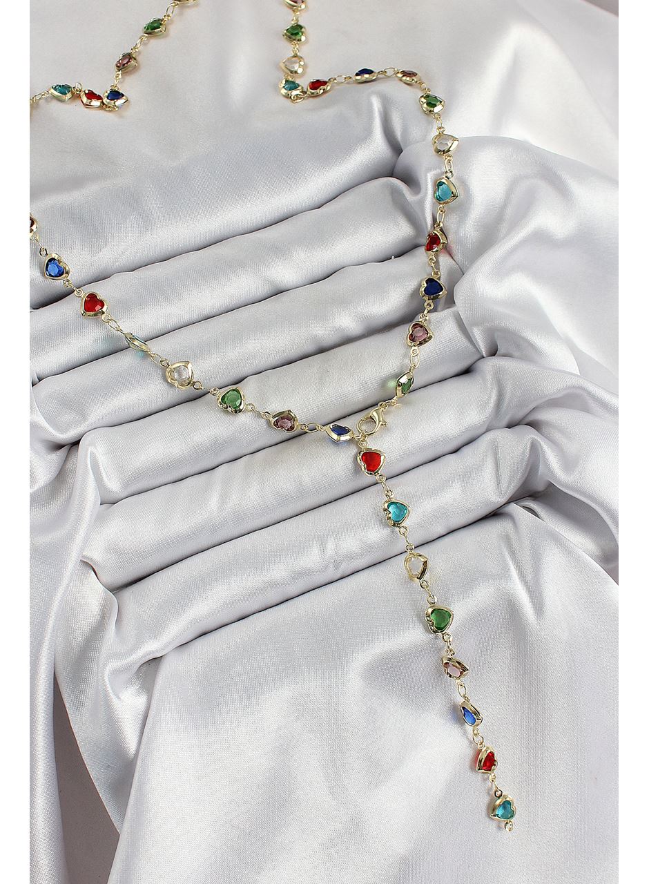 Pirinç Gold Renk Karışık Renk Zirkon Taşlı Kalpli Y Kadın Kolye