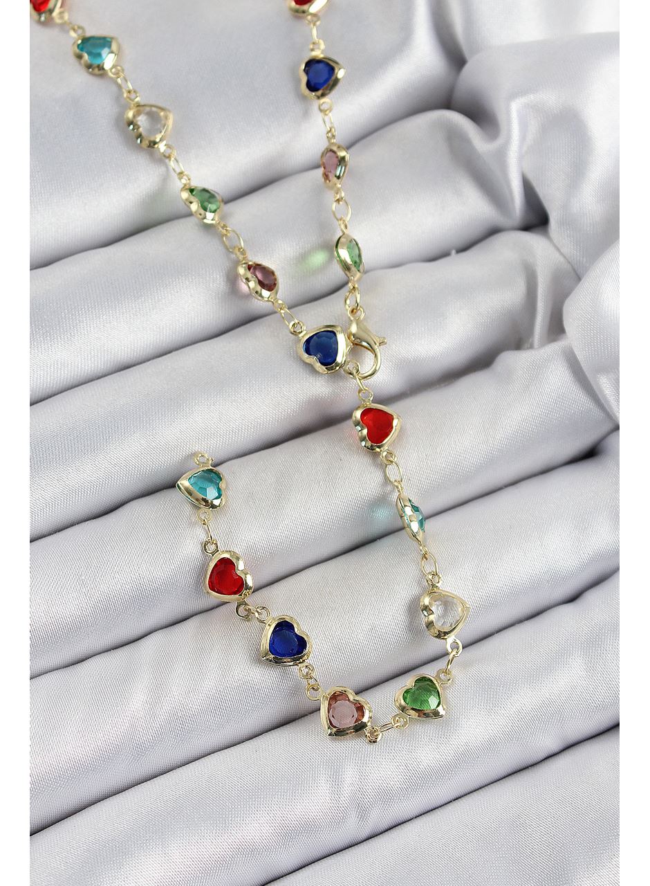 Pirinç Gold Renk Karışık Renk Zirkon Taşlı Kalpli Y Kadın Kolye