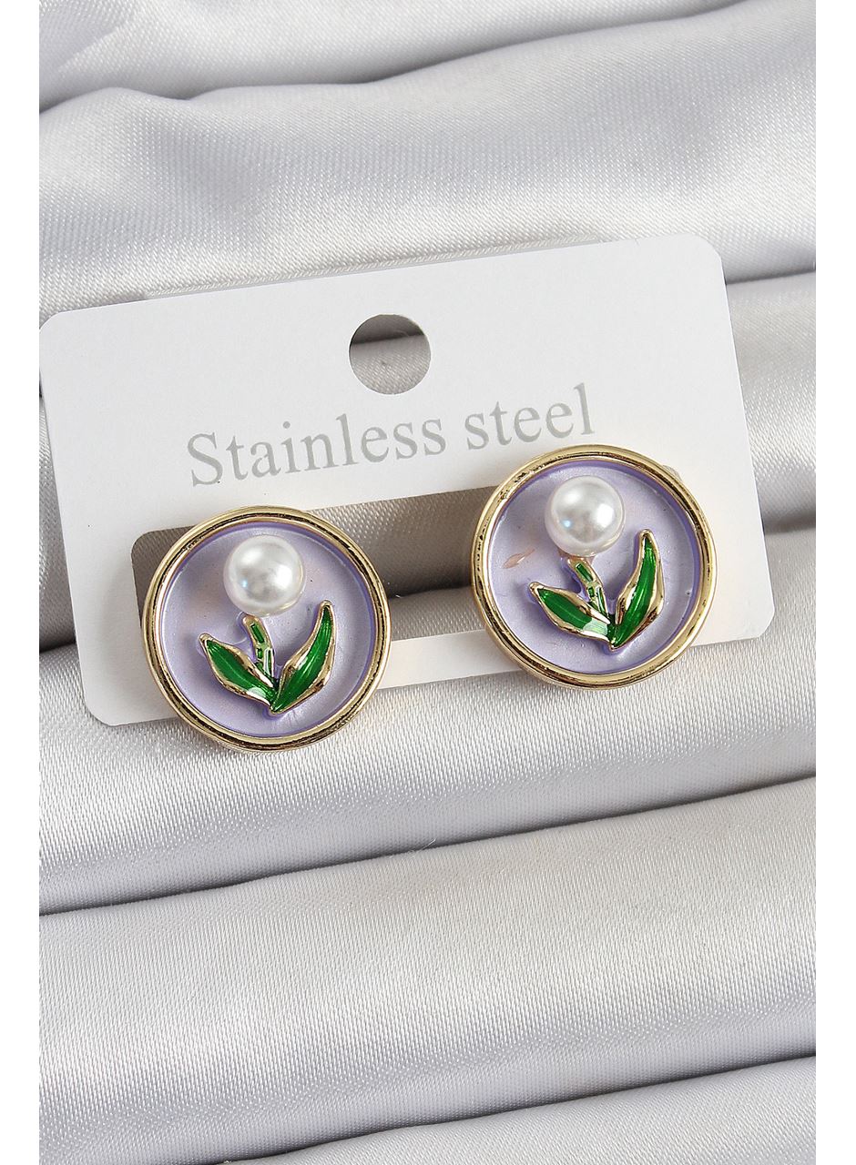 Pirinç Mor Mineli Lale Figürlü Sanatsal Portre Model Gold Renk Kadın Küpe