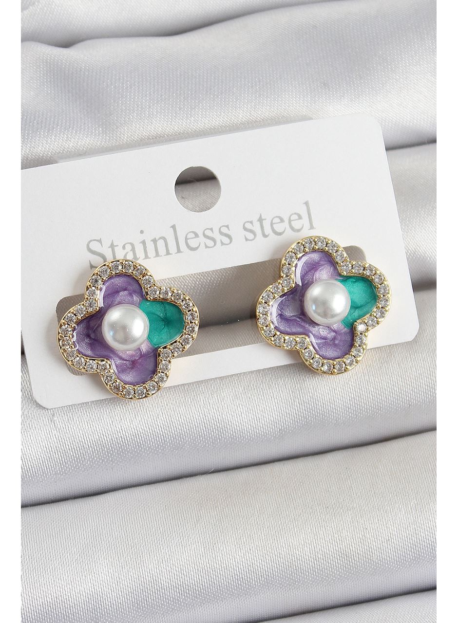 Pirinç Mor Mineli İnci Detaylı Zirkon Taşlı Sanatsal Portre Yonca Model Gold Renk Kadın Küpe