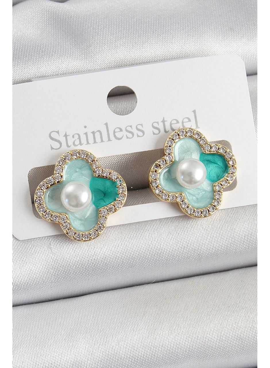 Pirinç Yeşil Mineli İnci Detaylı Zirkon Taşlı Sanatsal Portre Yonca Model Gold Renk Kadın Küpe