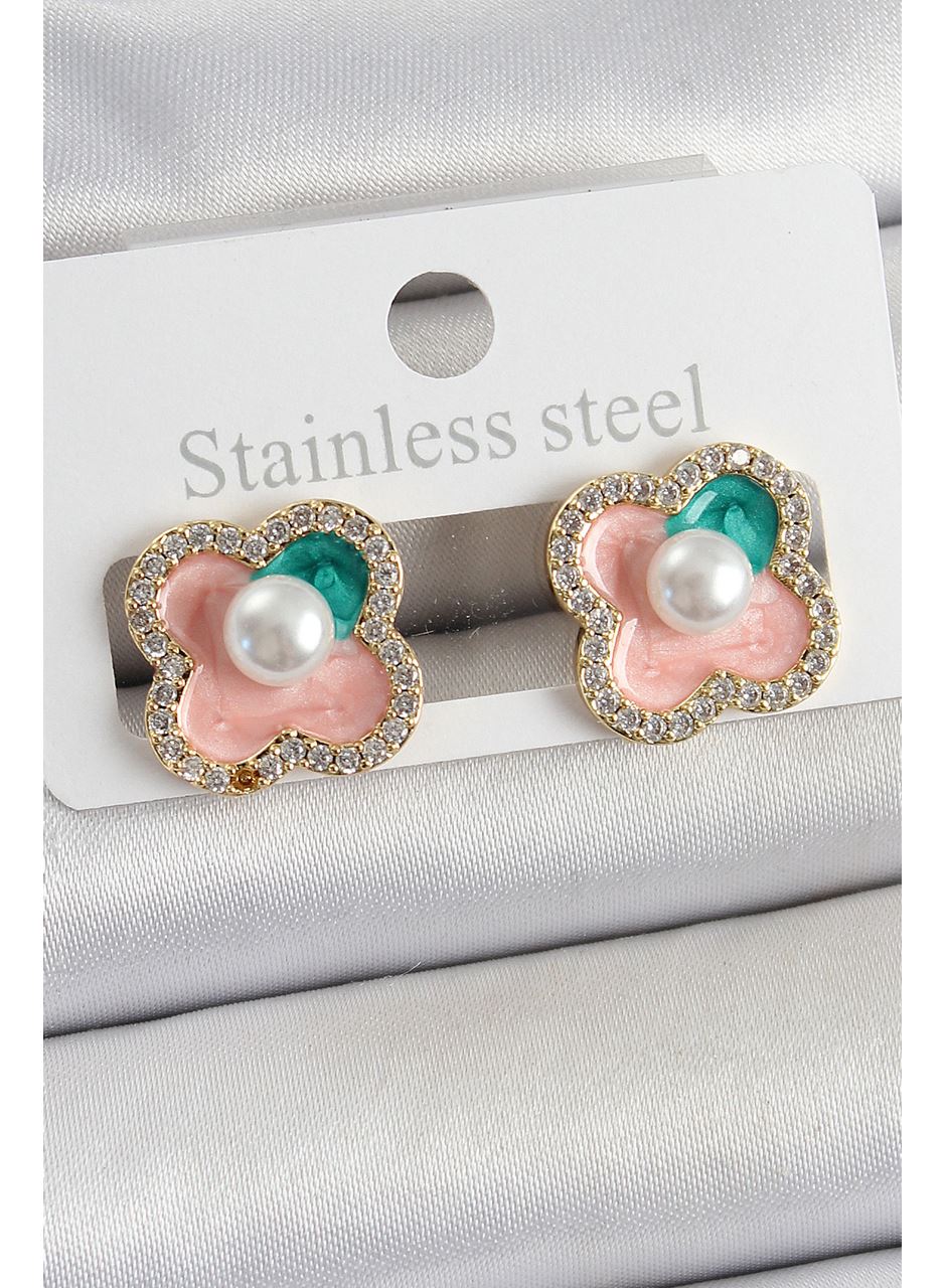 Pirinç Pembe Mineli İnci Detaylı Zirkon Taşlı Sanatsal Portre Yonca Model Gold Renk Kadın Küpe