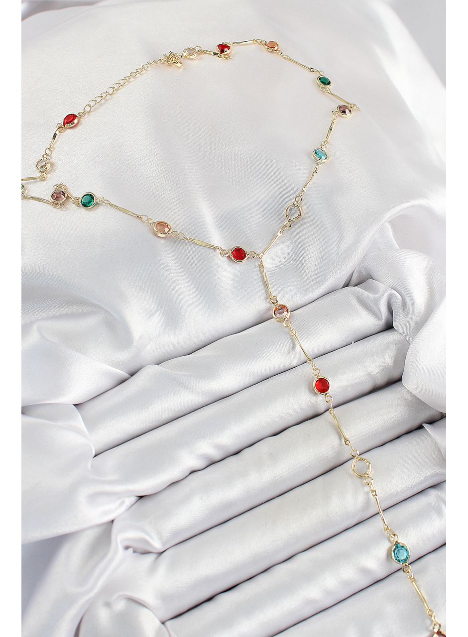 Pirinç Asorti Model Gold Renk Zirkon Taşlı Y Kolye