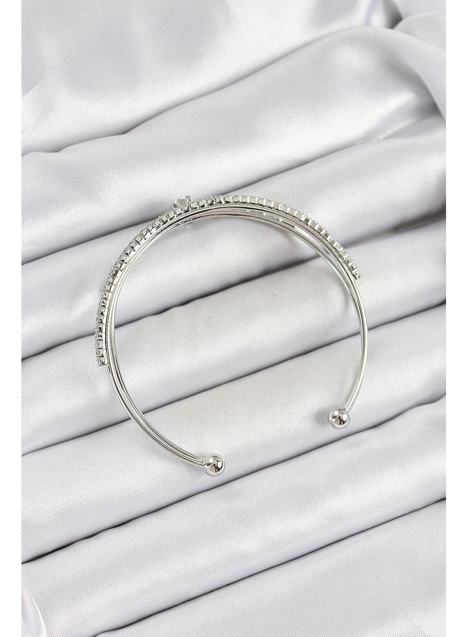 Pirinç Gümüş Renk Zirkon Taşlı Kalp Detaylı Kadın Bileklik