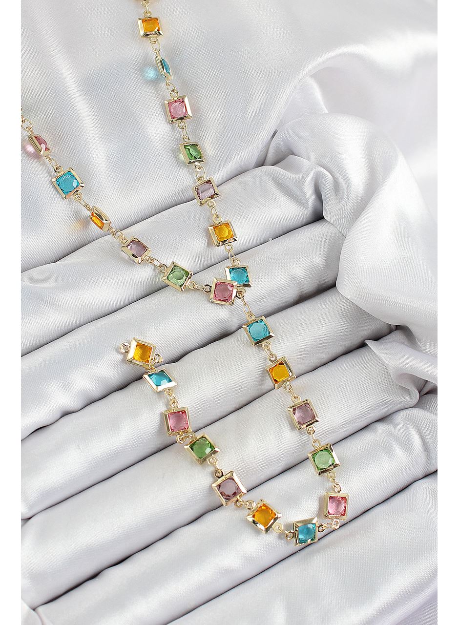 Pirinç Asorti Kare Model Gold Renk Zirkon Taşlı Y Kolye