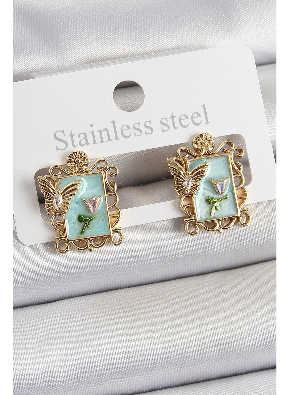 Pirinç Yeşil Mineli Sanatsal Portre Model Gold Renk Kadın Küpe