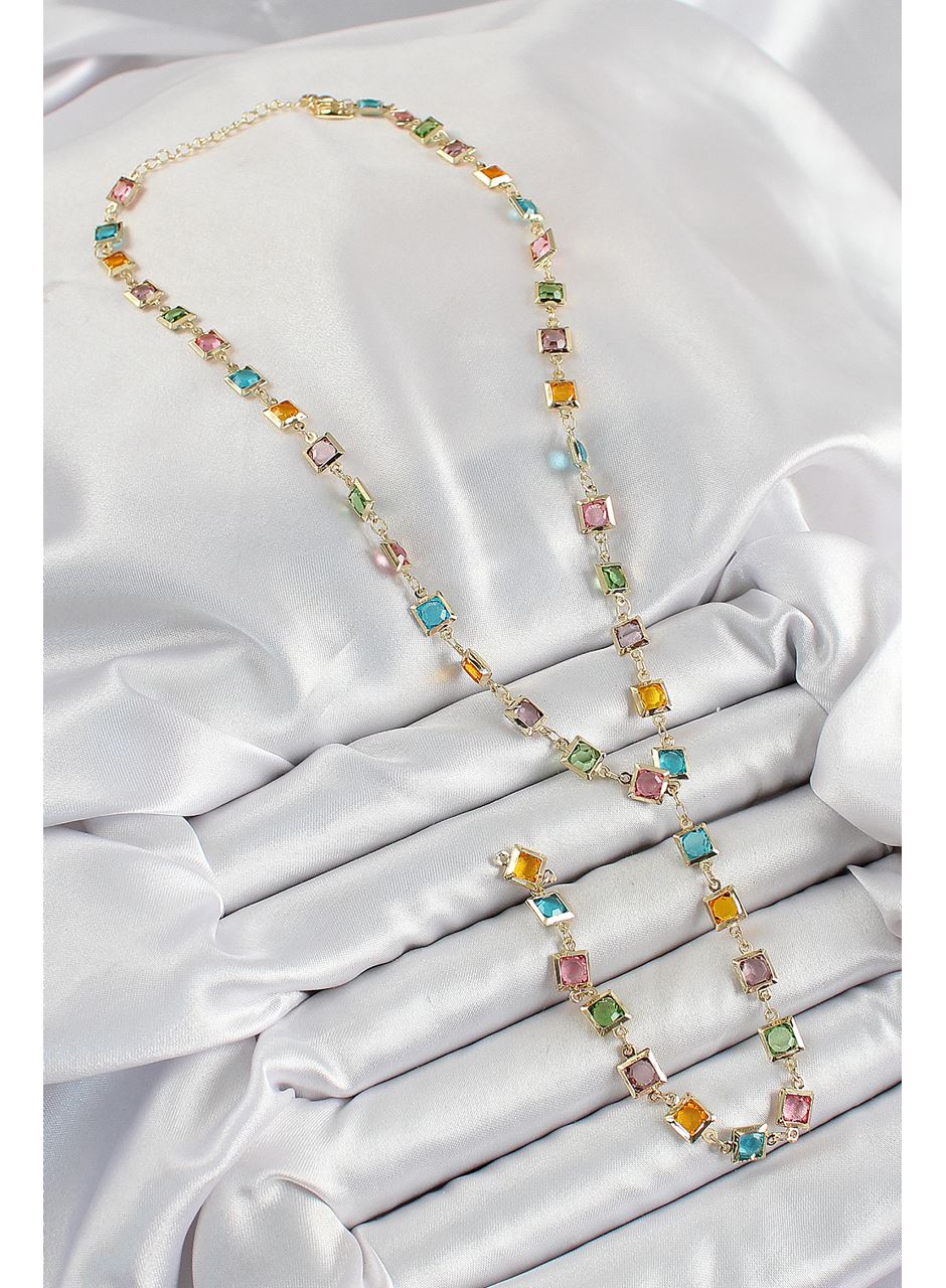 Pirinç Asorti Kare Model Gold Renk Zirkon Taşlı Y Kolye