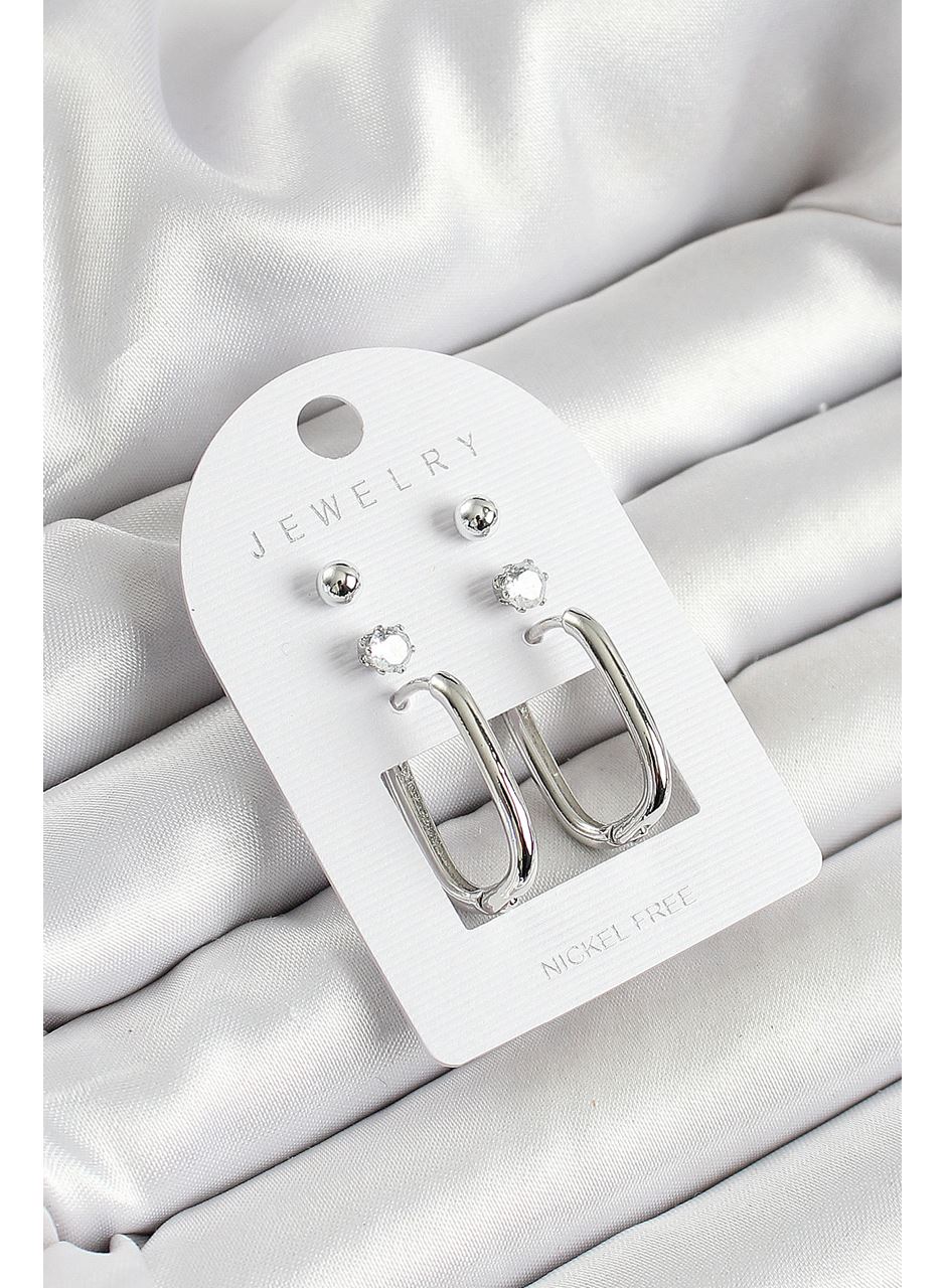 Pirinç Zirkon Taş Ve Dikdörtgen Figürlü Gümüş Renk 3'lü Çift Kadın Küpe Set