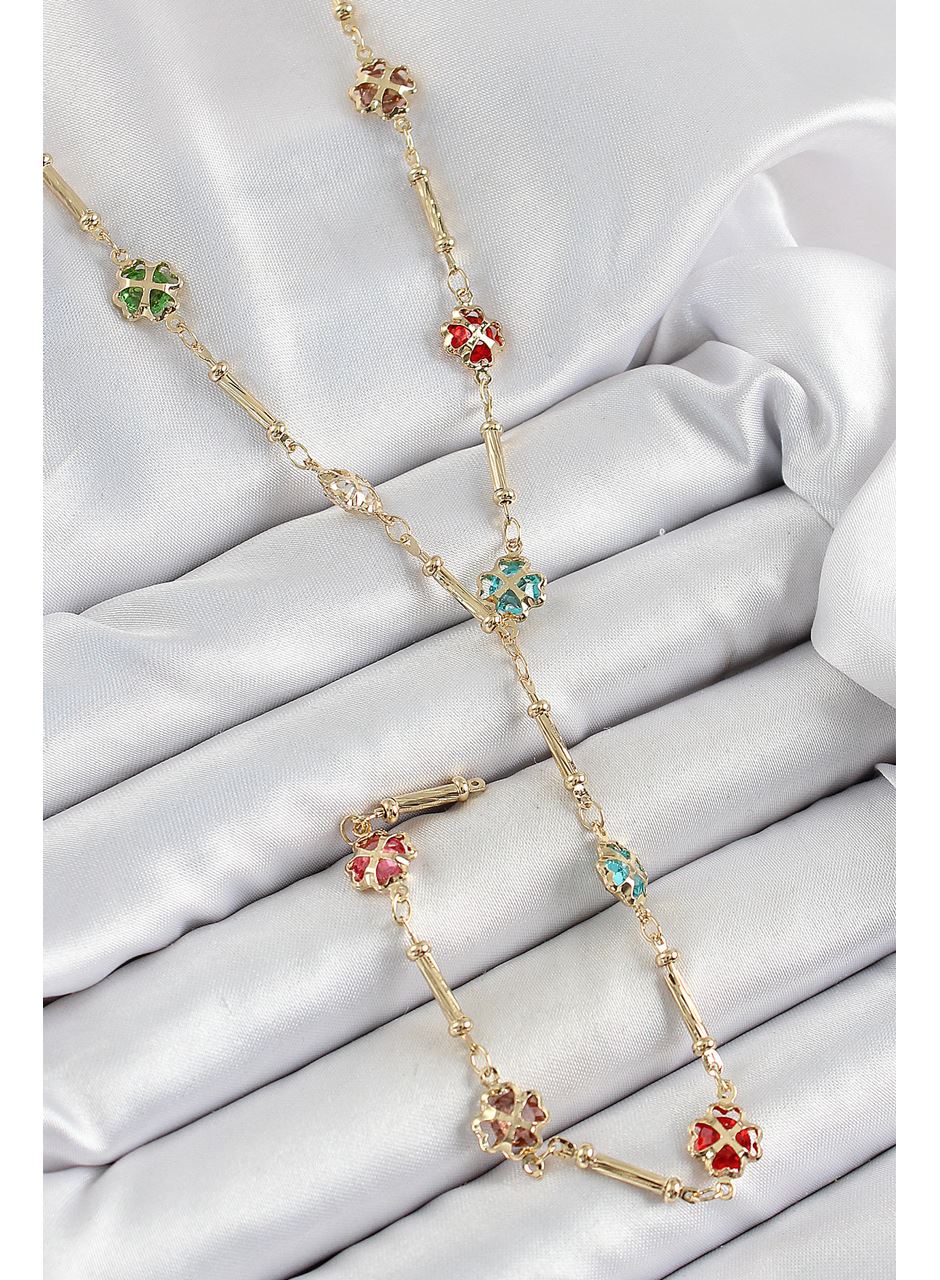 Pirinç Asorti Kalpli Yonca Model Gold Renk Zirkon Taşlı Y Kolye