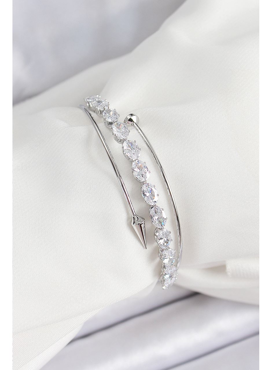 Pirinç Gümüş Renk Arpa Zirkon Taşlı Kadın Bileklik