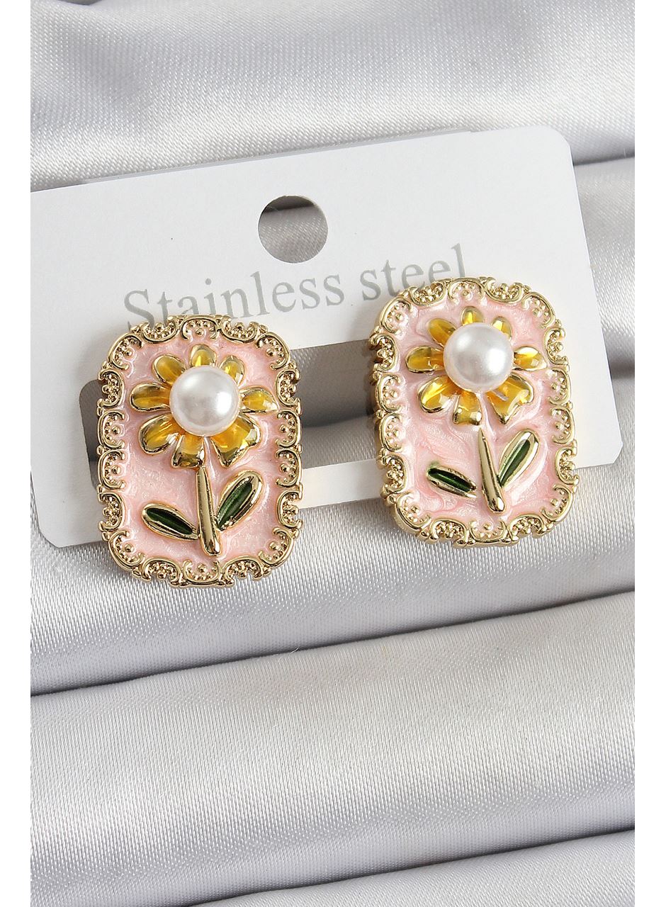 Pirinç Pembe Mineli Papatya Figürlü Sanatsal Portre Model Gold Renk Kadın Küpe