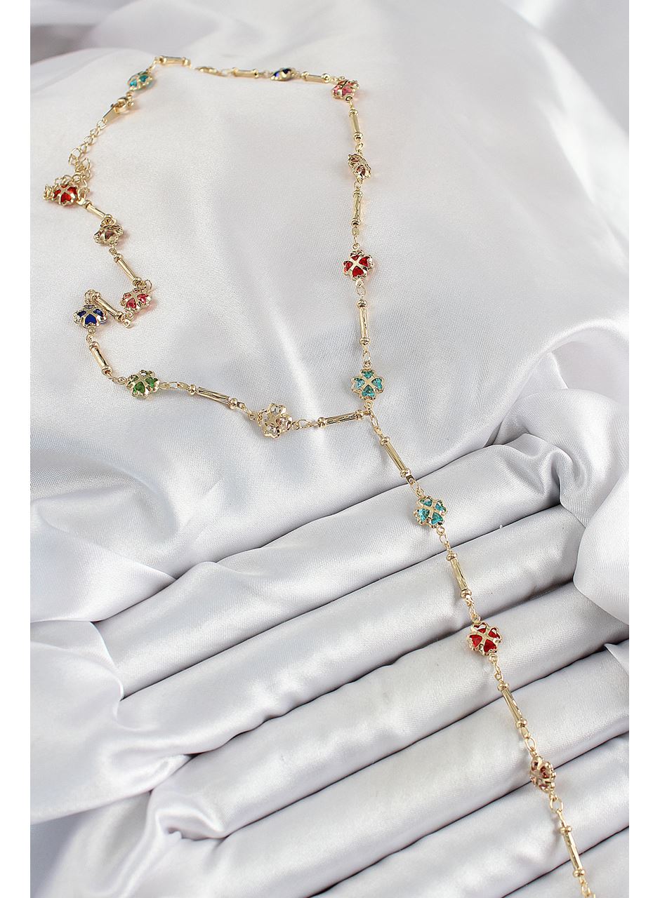 Pirinç Asorti Kalpli Yonca Model Gold Renk Zirkon Taşlı Y Kolye