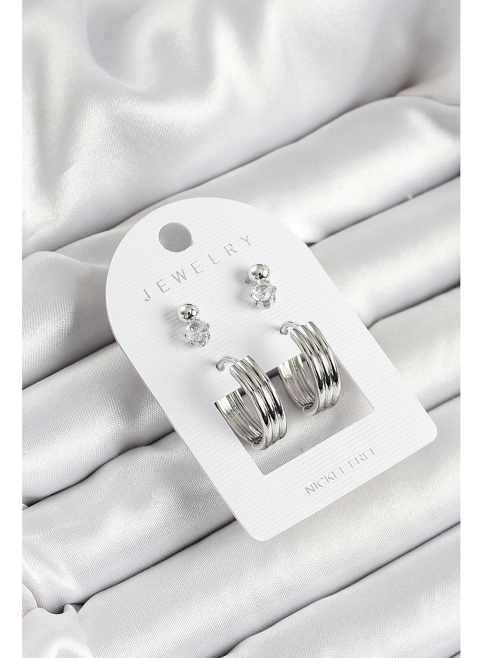 Pirinç Zirkon Taş Ve Halka Figürlü Gümüş Renk 3'lü Çift Kadın Küpe Set