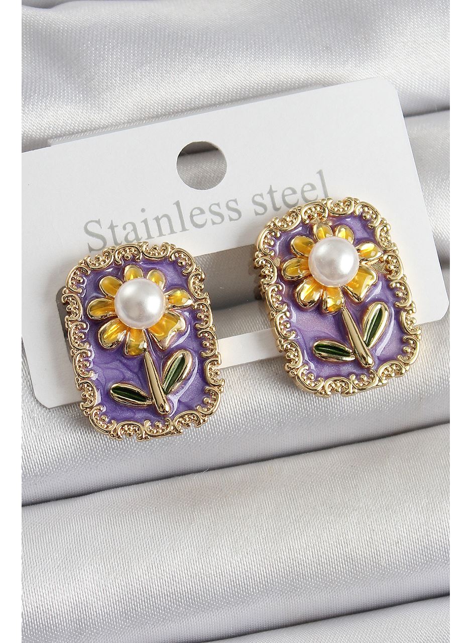 Pirinç Mor Mineli Papatya Figürlü Sanatsal Portre Model Gold Renk Kadın Küpe