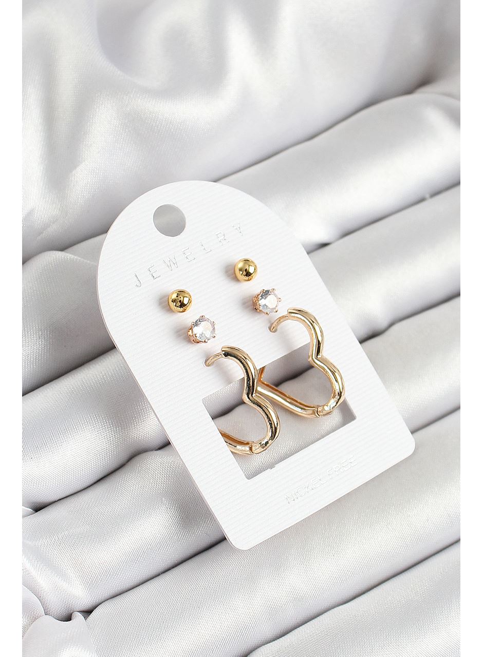 Pirinç Zirkon Taş Ve Kalp Figürlü Gold Renk 3'lü Çift Kadın Küpe Set