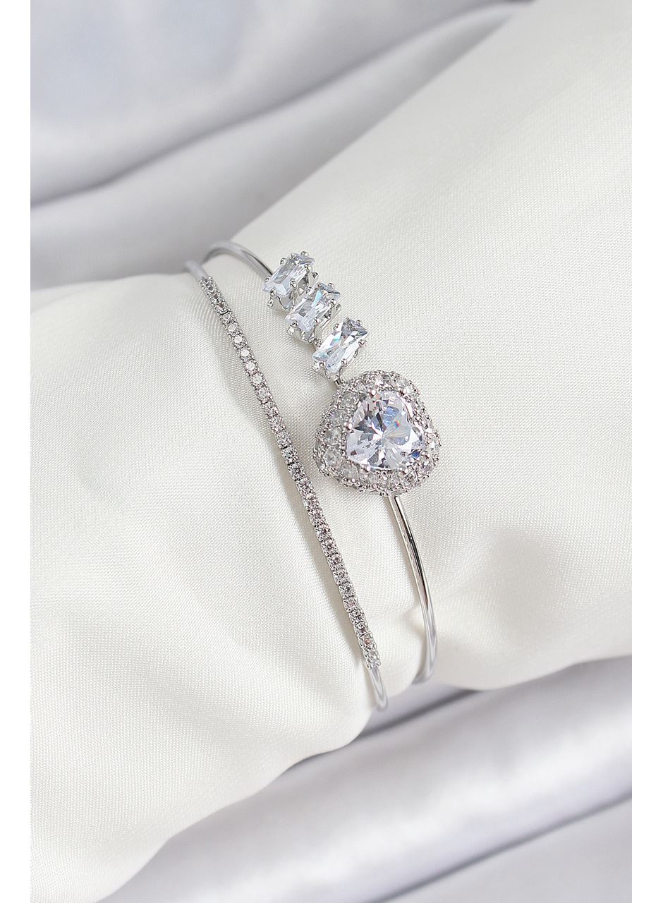 Pirinç Gümüş Renk Kalpli Zirkon Taşlı Kadın Bileklik