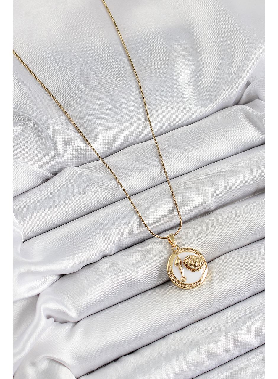 316L Çelik Zincir Beyaz Mineli Sanatsal Portre İstiridye Model Gold Renk Kadın Kolye