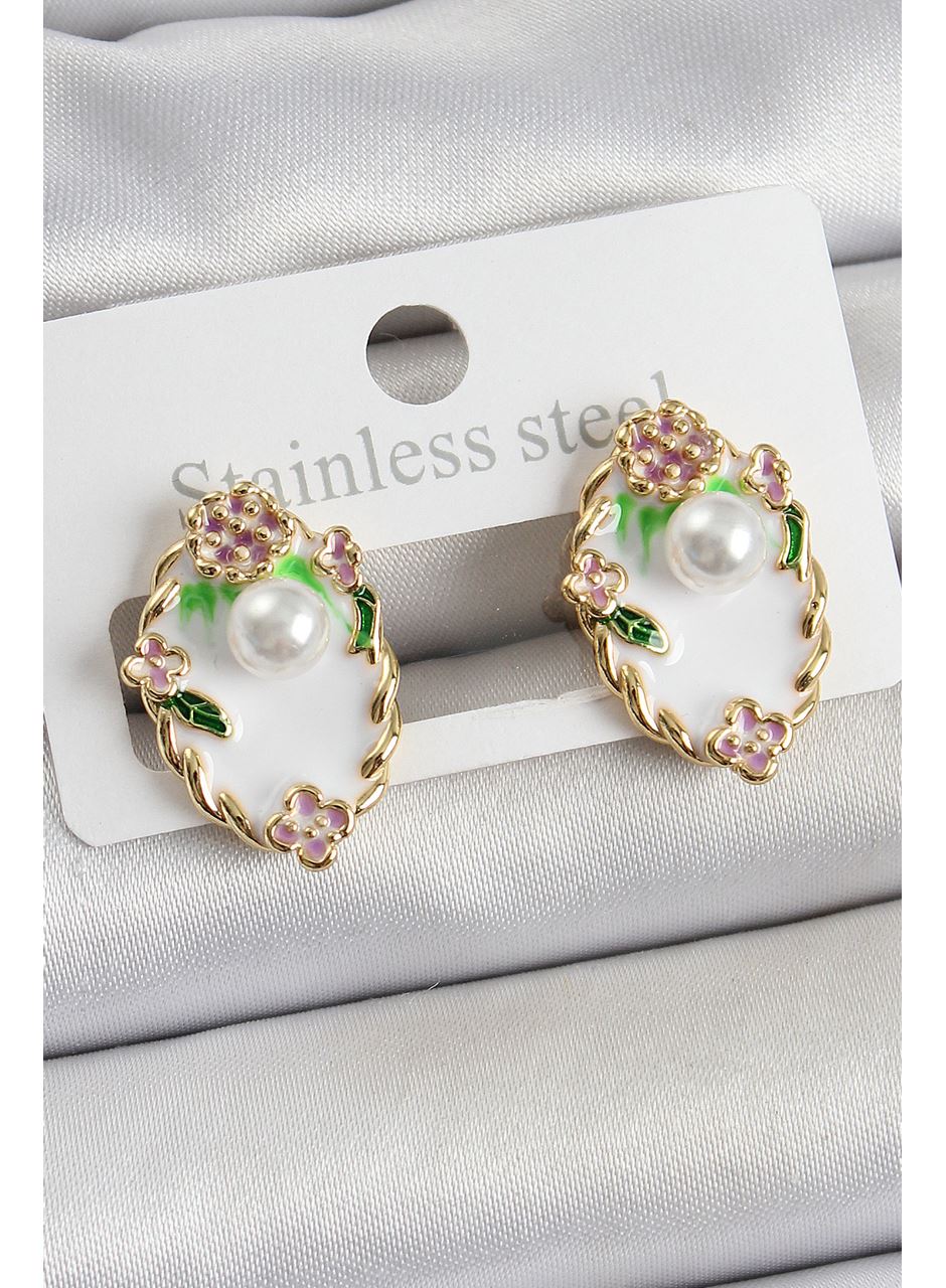 Pirinç Beyaz Mineli İnci Detaylı Sanatsal Portre Model Gold Renk Kadın Küpe