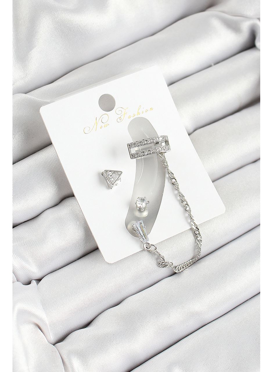 Pirinç Üçgen Figürlü Zirkon Taşlı Gümüş Renk 3'lü Kıkırdak Kadın Küpe Set