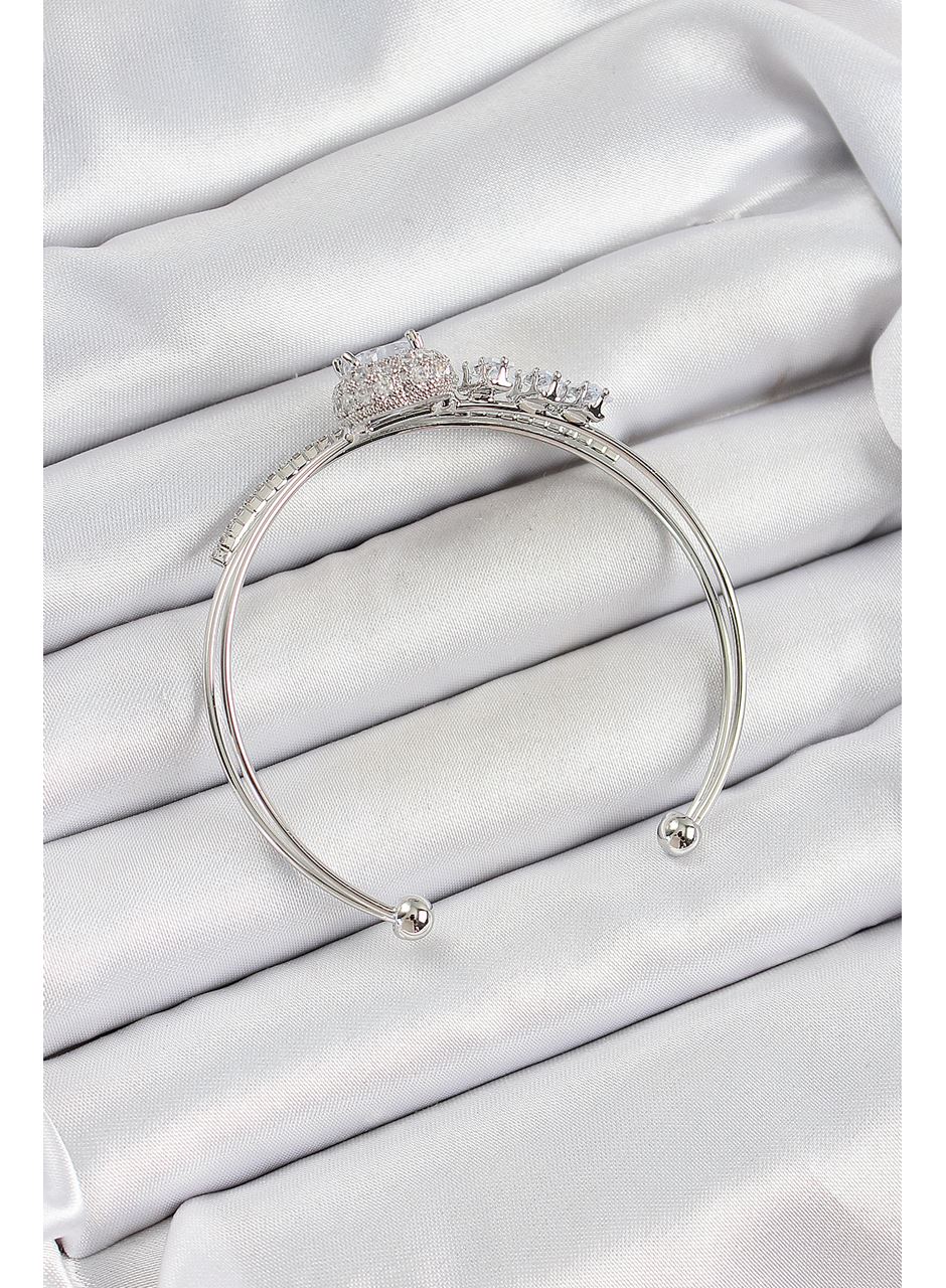 Pirinç Gümüş Renk Kalpli Zirkon Taşlı Kadın Bileklik