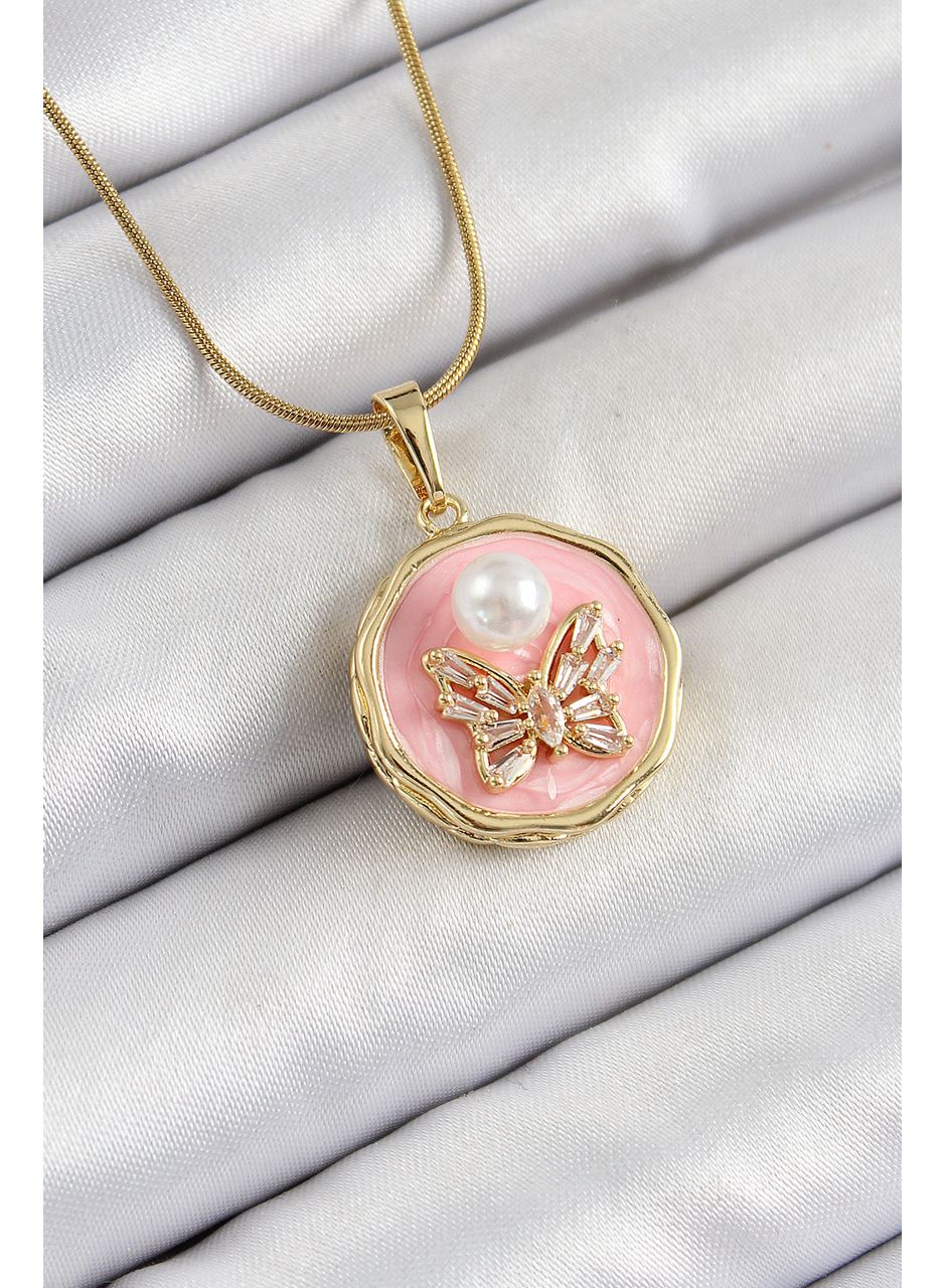 316L Çelik Zincir Zirkon Taşlı Pembe Sanatsal Portre İnci Detaylı Kelebek Model Gold Renk Kadın Kolye