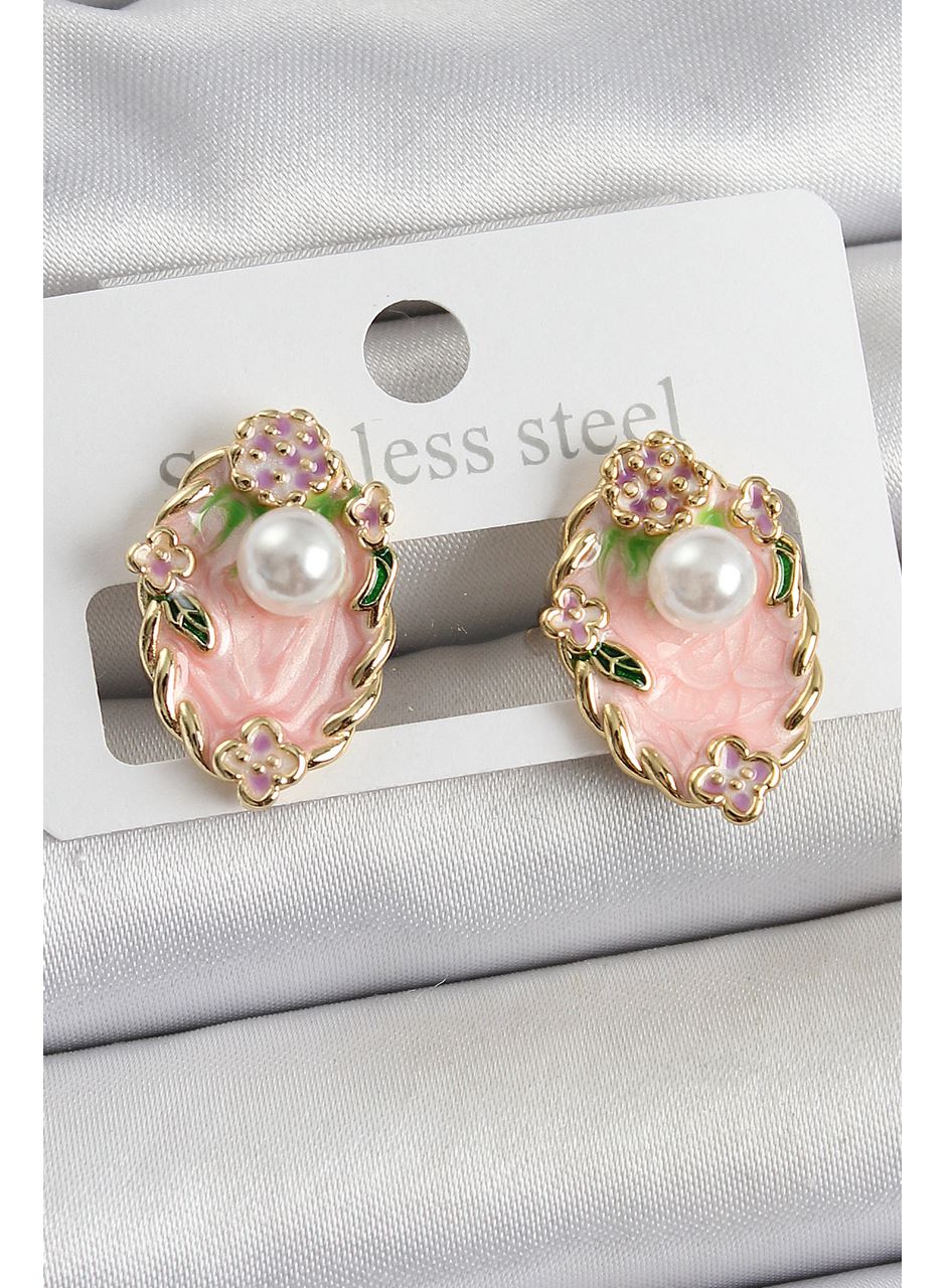 Pirinç Pembe Mineli İnci Detaylı Sanatsal Portre Model Gold Renk Kadın Küpe