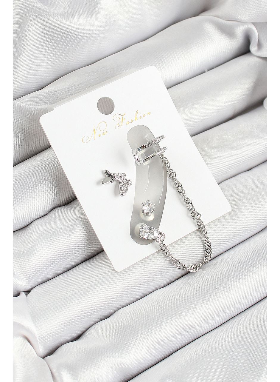 Pirinç Kelebek Figürlü Zirkon Taşlı Gümüş Renk 3'lü Kıkırdak Kadın Küpe Set