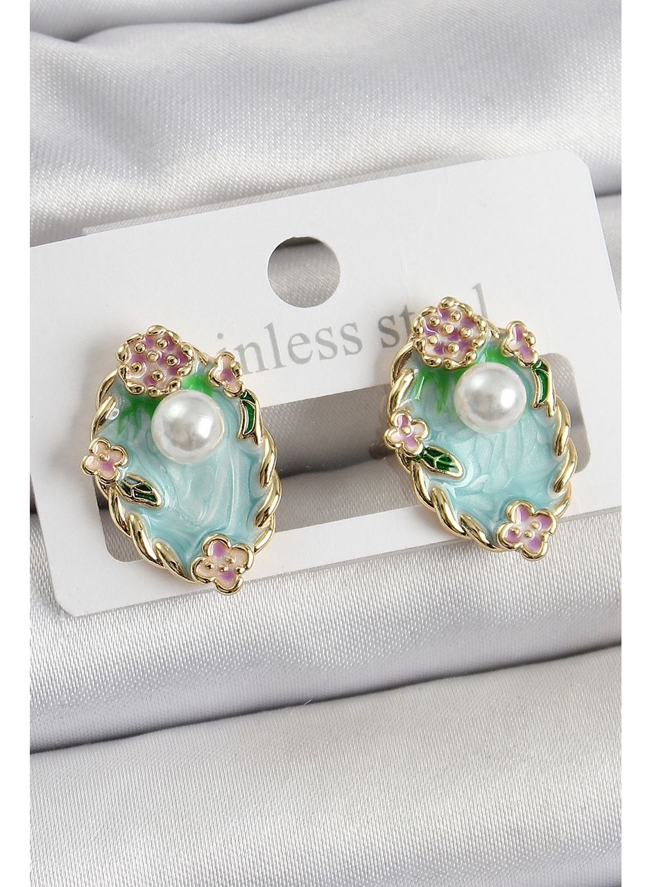 Pirinç Yeşil Mineli İnci Detaylı Sanatsal Portre Model Gold Renk Kadın Küpe