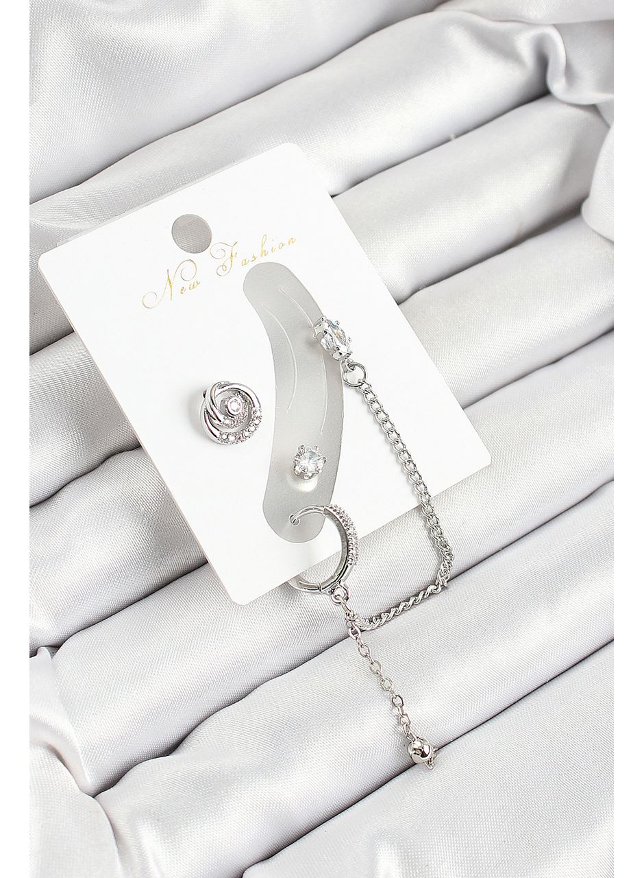 Pirinç Halka Figürlü Zirkon Taşlı Gümüş Renk 3'lü Kıkırdak Kadın Küpe Set